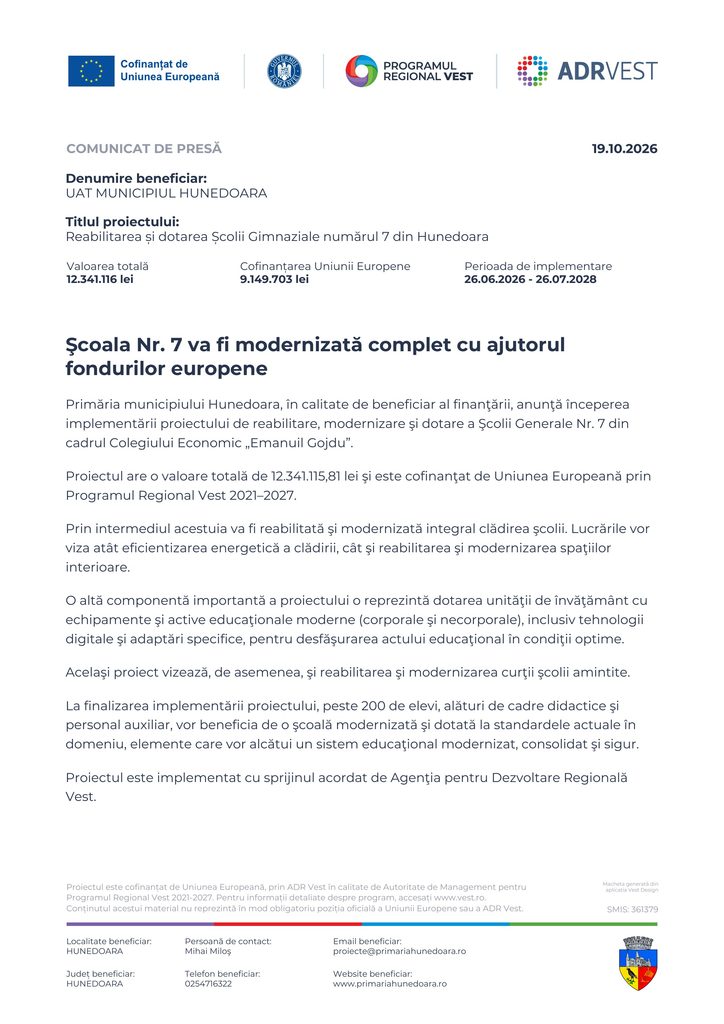 Comunicat inceput proiect Scoala 7